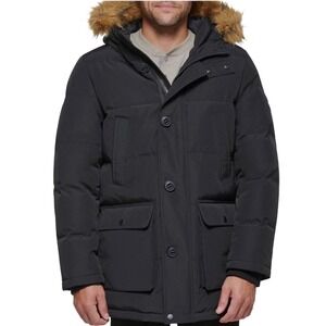 Tommy Hilfiger Men Black Puffer Parka Coat Fur Hood Winter Warm Size M